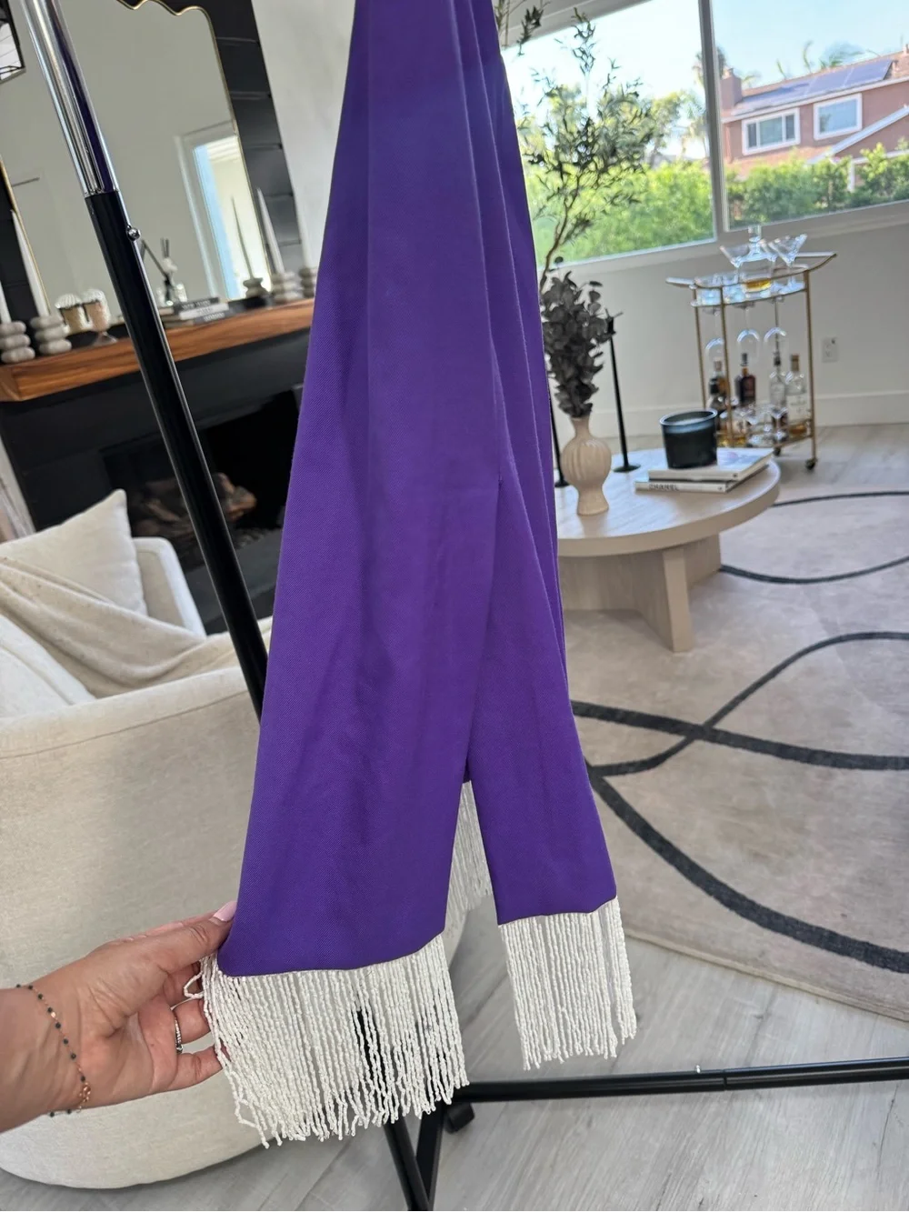 Uterqüe Violet Pencil Skirt with Fringe Hem and Belt
